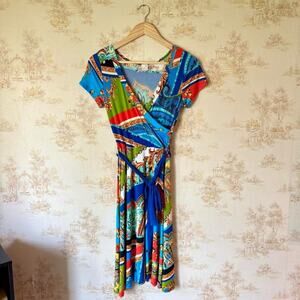 y2k Yetts Los Angeles blue multicolor paisley short sleeve wrap mini dress S